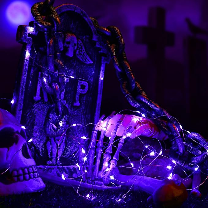 BrizLabs Purple Halloween Lights, 19.47ft 60 LED Purple Fairy Lights, 2 Modes Battery Halloween String Light, Indoor Silver Wire Battery Twinkle Light for Christmas Party Carnival Home Wedding Decor