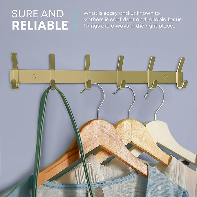 Brushed Gold Wall Mounted Coat Rack – 17 Inch Stainless Steel Rail with 6 Double Coat Hooks for Entryway, Bathroom, Bedroom, Kitchen – Modern Gold Hook Rack for Coats, Hats, Towels - 2 Pack