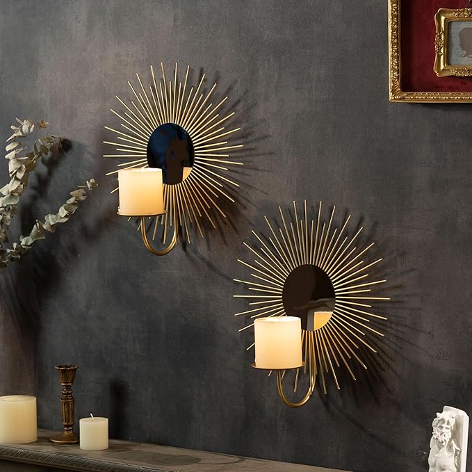 AIM & GGKK Wall Candle Sconce Holder,Set of 2 Mirror Wall Mounted Metal Candle Holder for Home,Living Room, Dining Room,Rustic Farmhouse Boho Decorations