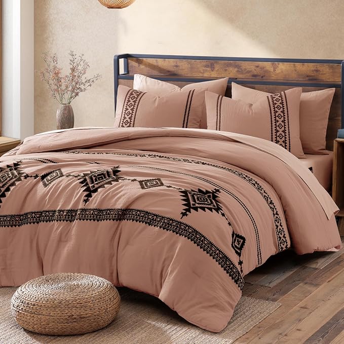 MaiRêve Embroidery King Size Comforter Set Dusty Pink, Boho Farmhouse Western Bedding Set 7 Pieces, All Season Bed in A Bag Comforter Set with Sheets, Pillowcases & Shams
