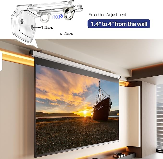 Universal Projector Screen Mount Bracket,Adjustable Wall & Ceiling L-Brackets with Closed Hooks,1.4"–4" Extension,66 lbs Capacity,Includes Full Hardware for Home Theater & Outdoor Screens,Clear