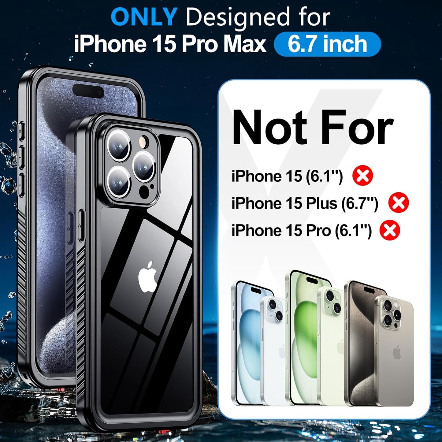 MOZOTER Waterproof Case for iPhone 15 Pro Max, IPX8 Underwater, Full Body Shockproof, Built-in Screen Protector, 6.7