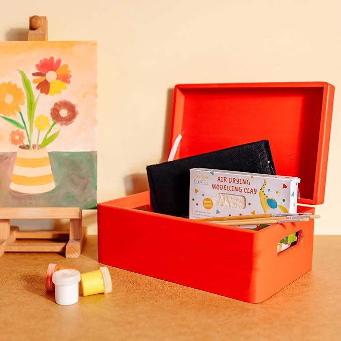 Large Red Wooden Box Storage with Hinged Lid | 11.8 x 7.87 x 5.51 inches (+-0.5) | with Handles | Gift Box for Tool Dog Toy Shoes Clothes Kitchen Storage | Wood Keepsake Chest