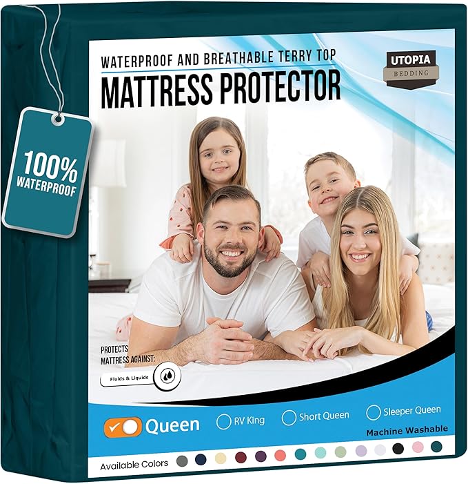 Utopia Bedding Waterproof Mattress Protector Queen Size, Premium Terry Mattress Cover 200 GSM, Breathable, Fitted Style with Stretchable Pockets (Teal)