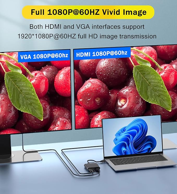VGA to HDMI+VGA Adapter for Dual Monitors, VGA to HDMI Adapter Splitter 2 in 1,1080P@60HZ Full HD Display Video Converter for PC Laptop Link Monitor/HDTV/Projector (for Windows & MaC os)