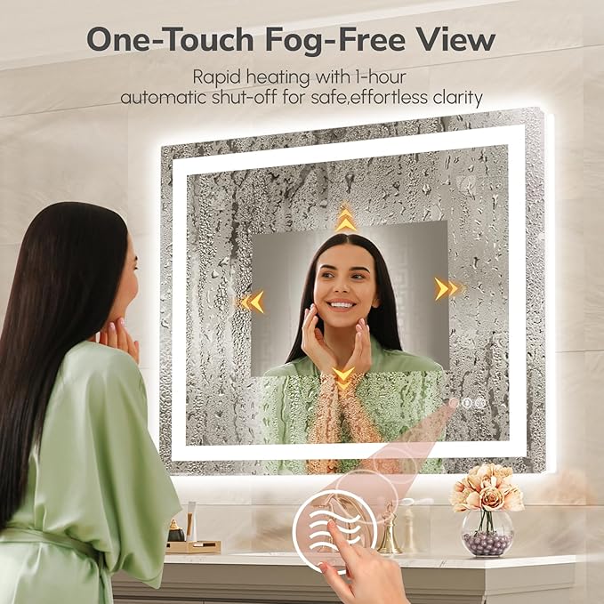 USHOWER LED Bathroom Mirror 40x32 Inch with Lights - Frameless Tempered Glass LED Backlit Lighted Mirror for Bathroom Vanity with Anti-Fog, 3 Colors Dimmable, Memory Function, Wall-Mounted