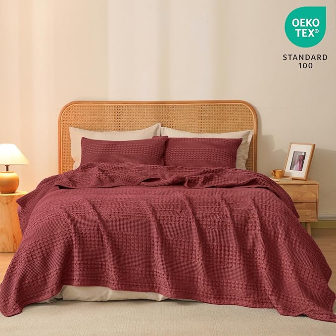 PHF 100% Cotton Waffle Weave Blanket King Size for Bed, Soft Lightweight & Breathable, All-Season Comfort, Luxury Aesthetic Woven Bedding for Home Decor, 108"x90", Wine Red