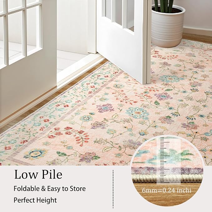 LOCHAS Washable Area Rugs 4x6, Pink Floral Rug for Living Room Bedroom Non Slip, Ultra Soft Vintage Indoor Carpet for Kids, Nursery, Dorm, Dining Room, Classroom, Boho Flower Home Decor, Low-Pile