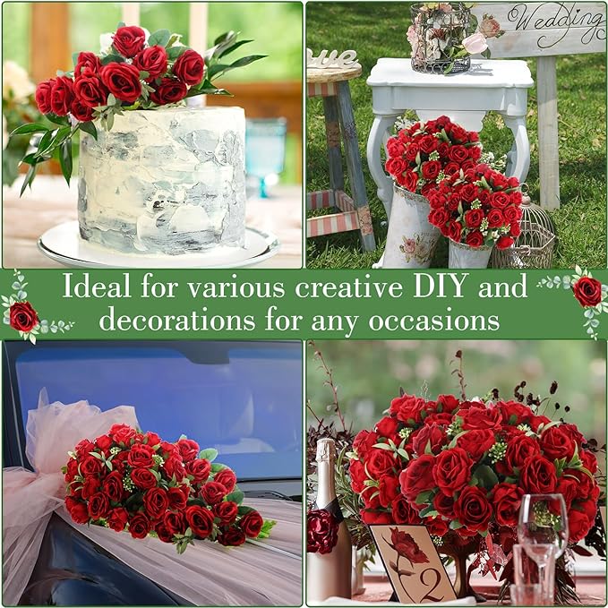 Zeyune 16 Bunches 12 Inch Artificial Mini Rose Bouquet 160 Heads Bridal Flower Bouquets Fake Silk Rose Bulk for Wedding Bridal Shower Christmas Home Office Garden Decoration(Red)