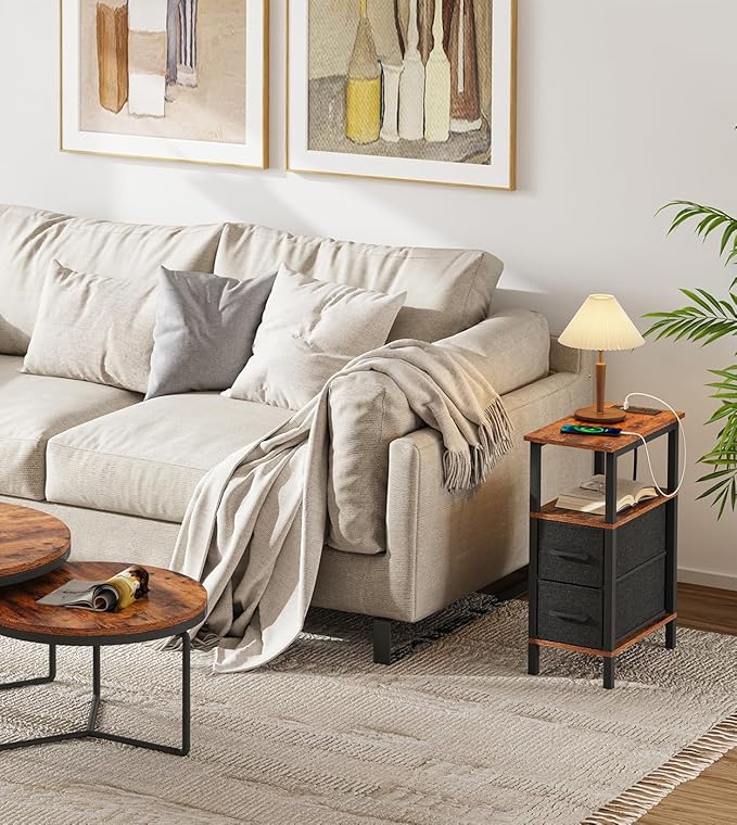 2 Set Narrow Side Table for Small Spaces, Skinny End Table with Charging Station, Sofa Beside Table with 2 Drawers 1 Open Compartment, Slim Nightstand with USB Ports Outlet, Rustic and Brown UTBT004F2