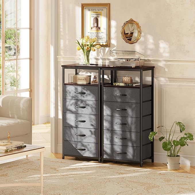 Huuger 5 Drawers Dresser with Charging Station, Dresser for Bedroom, Tall Night Stand, Chest of Drawers with Open Shelf, Bedside Table Nightstand, Fabric, for Entryway, Adult Only, Walnut