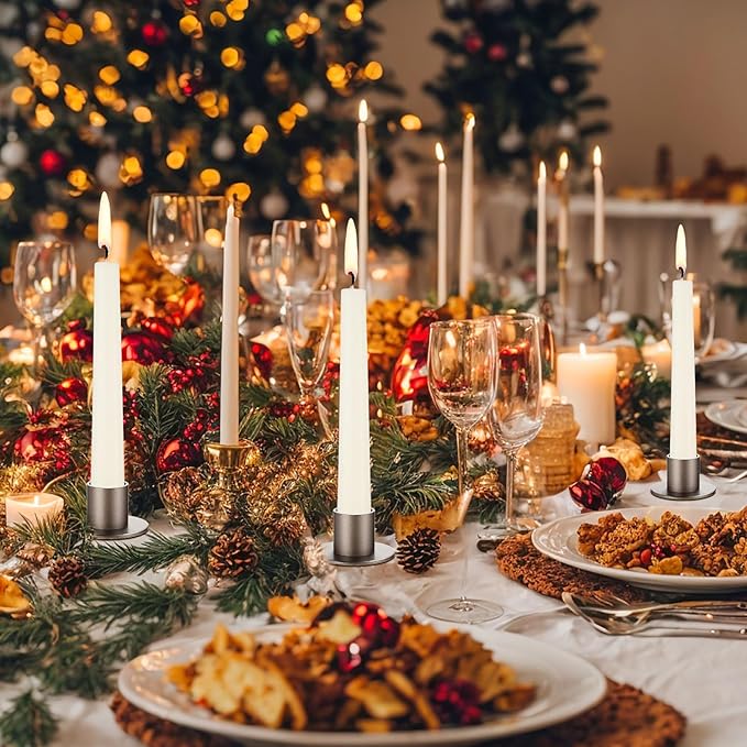 24 Pcs Gunmetal Taper Candle Holders Bulk for Pillar Candles Christmas Metal Short Candlestick Holder Gunmetal Centerpieces Decoration for Christmas Thanksgiving Anniversary Dinner Party