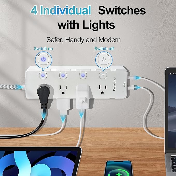 10 Ft Surge Protector Power Strip - 8 Widely AC Outlet 4 USB Ports(2 USB C), Flat Plug Extension Cord with Multiple Outlets, Individual Switches, Desk Extender for Dorm, Home, Office Essentials, 1400J