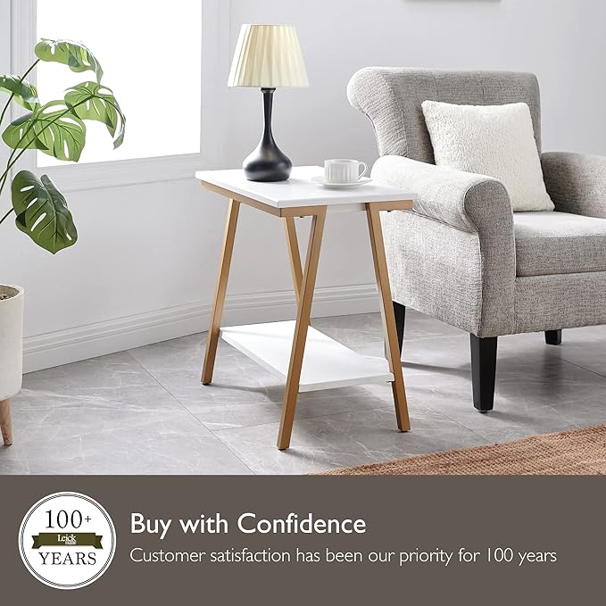 Leick Home 214312 Empiria Narrow Side Table with Shelf and Metal Frame, Wood End Table for Living Room Bedroom, White