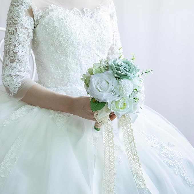White Wedding Bouquets for Bride Bridesmaid, Artificial Sage Green Bride Flower Bouquet for Wedding Church Decoration Ceremony, Anniversary, etc, Roses Flowers