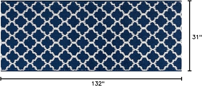 Custom Size Cut to Length Moroccan Trellis Design Runner Rug Mat For Wide Long Hallways with Non-Slip Rubber Backing, Better Traction for Pets, Prevent Slippage, Trellis Navy Blue, 31 inch X 11 feet