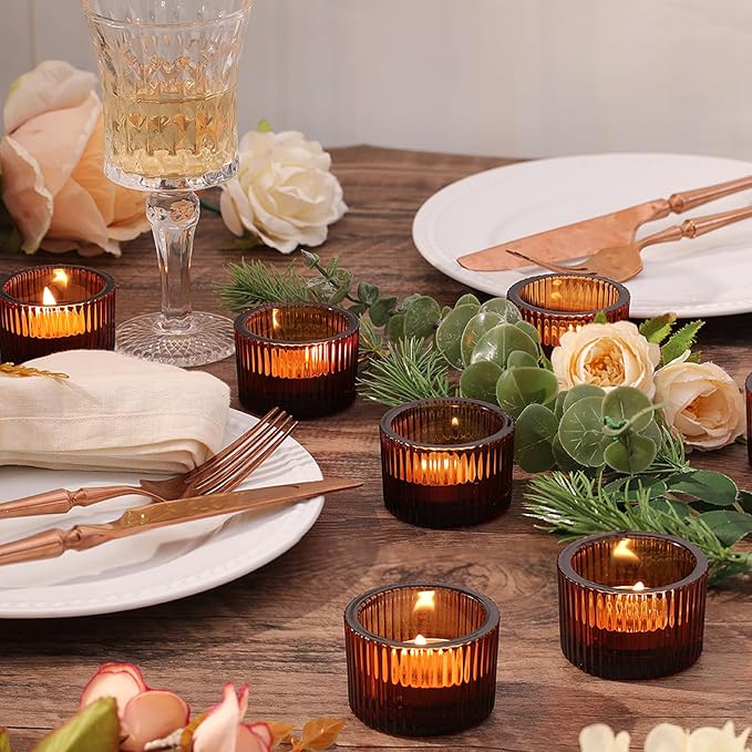 30Pcs Ribbed Amber Votive Candle Holders for Table Centerpiece, Amber Tea Light Candle Holders with 32pcs Tea Light Candles for Wedding Decor, Home Decor and Party Decor
