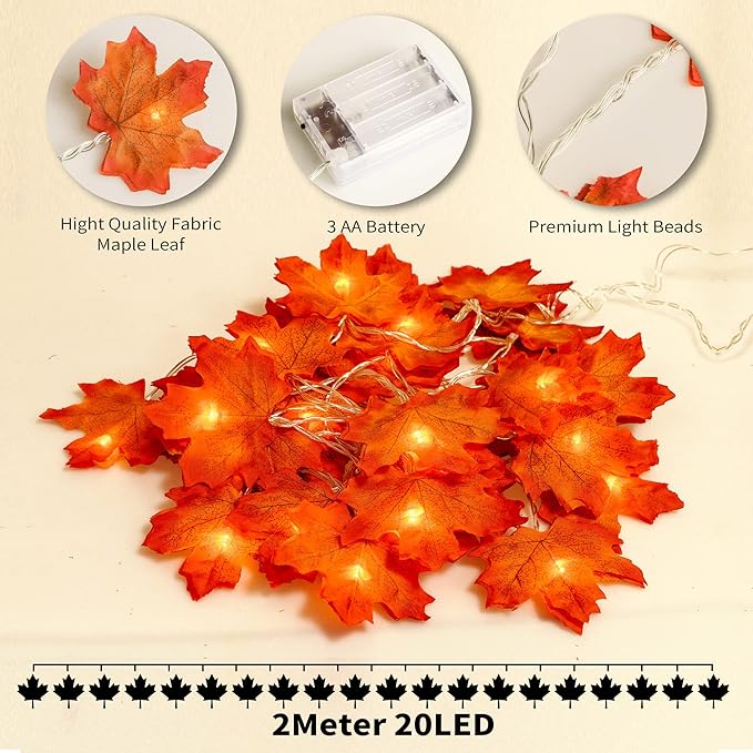 JamBer Fall Maple Leaf Garland 20 LED Maple Leaves Fairy Lights 7.4 Feet Fall Garland Lights Waterproof Maple Leaf String Lights 3AA Battery Powered Lighted Garland for Thanksgiving Halloween Decor
