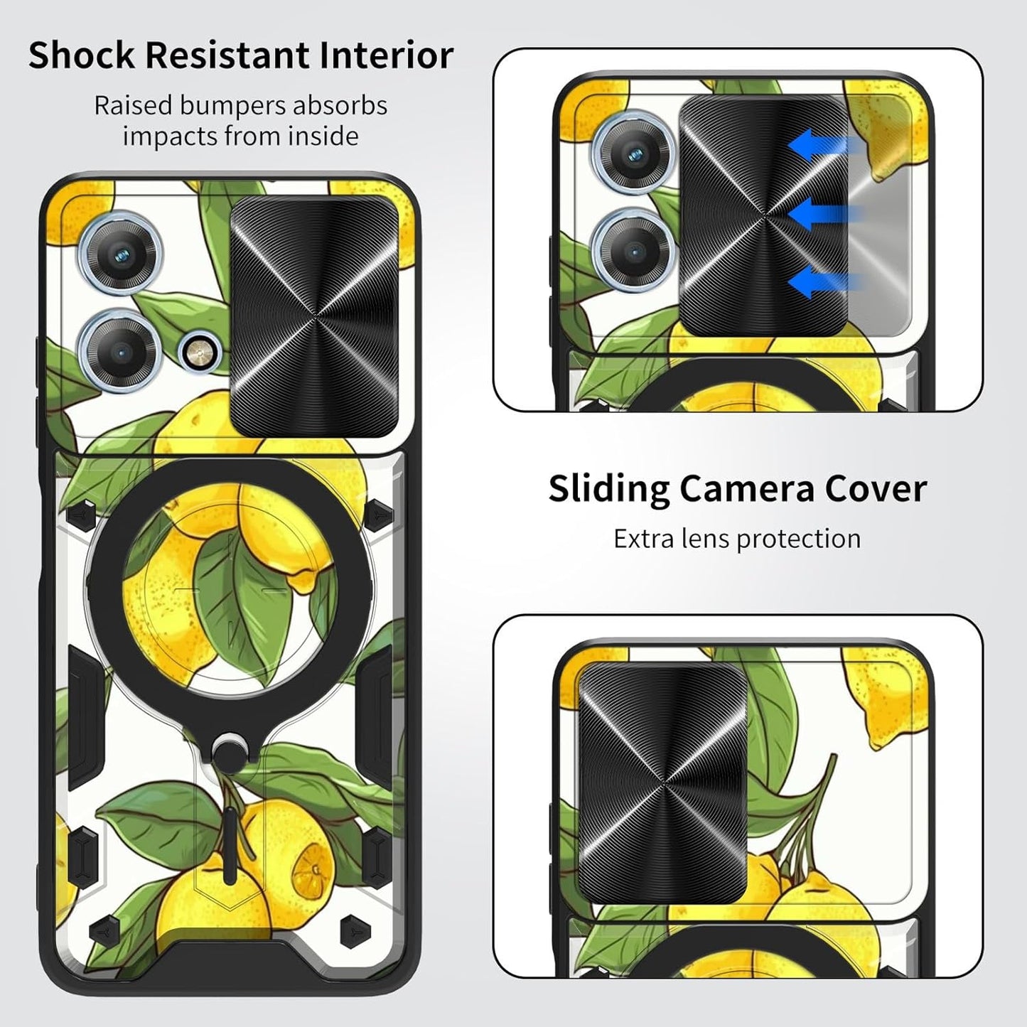 Motorola Moto G Stylus 5G 2023 Case: Slide Camera Lens Cover & 360 Degree Rotate Ring Kickstand - Lemons