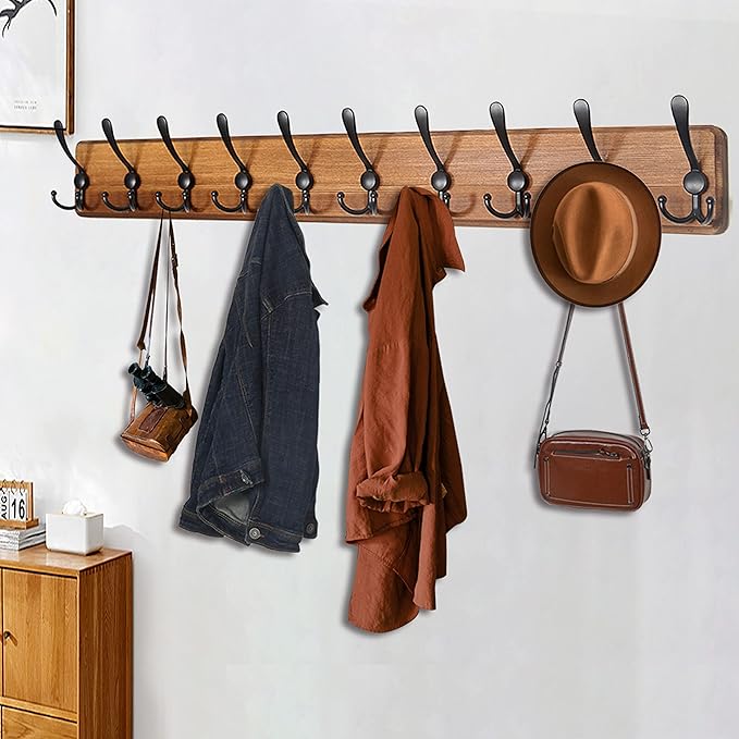 WEBI Coat Rack Wall Mount,38 9/16" Long,10 Hooks,Wood Coat Hooks Wall Mounted Coat Hanger Wall Hook Rack,Triple Hooks for Hanging Coats,Clothes,Jacket,Brown,2 Packs