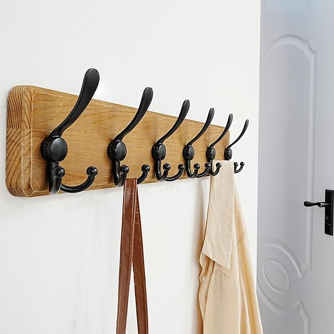 Dseap Coat Rack Wall Mounted - 24" Long 6 Tri Hooks, Heavy Duty Wooden Wall Coat Hanger Coat Hook for Clothes Hat Jacket Clothing, Weathered Yellow and Black