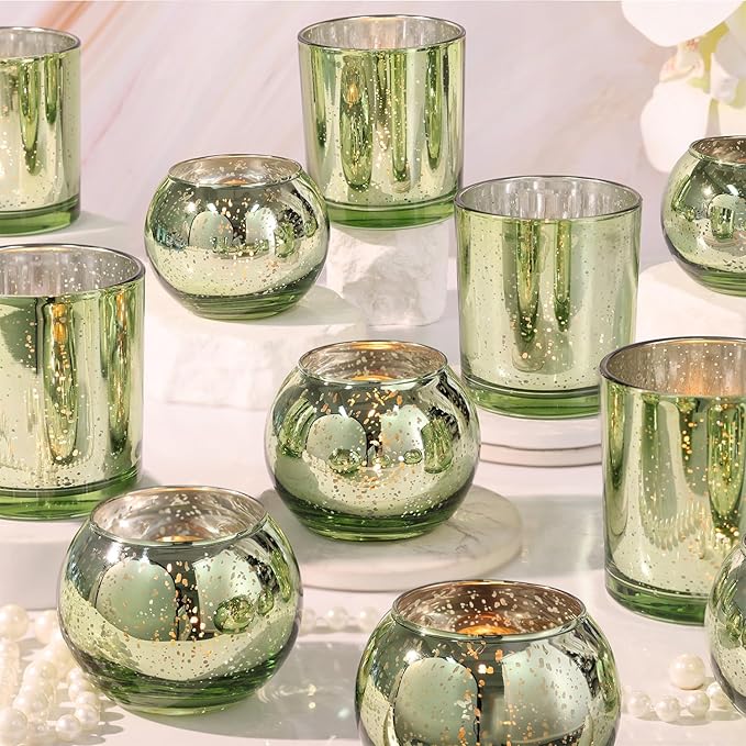 10 Pcs Assorted Green Votive Candle Holders, Larger Size Mercury Glass Candle Holder, Sage Green Tealight Candle Holder for Wedding, Votive Holders for Party Centerpieces for Table