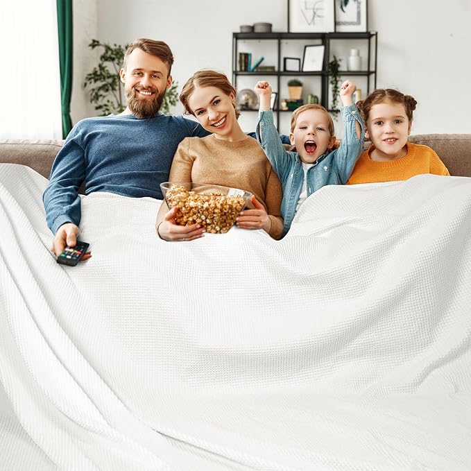 PHF Pre-Washed Cotton Waffle Weave Family Blanket,Oversized King Size 120"x 120"-Snag Proof Lightweight Breathable, 10'x 10' Huge Extra Large Big-Elegant Aesthetic Home Decoration Gift,Cream