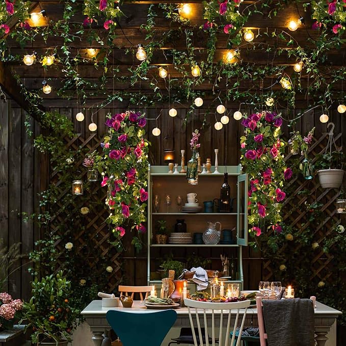 RECUTMS Artificial Hanging Rose Flower 2PCS 3.3Ft Flowers for Outdoors with 30 LED Fairy String Lights Fake Indoor Outdoor Wall Wedding (Purple)