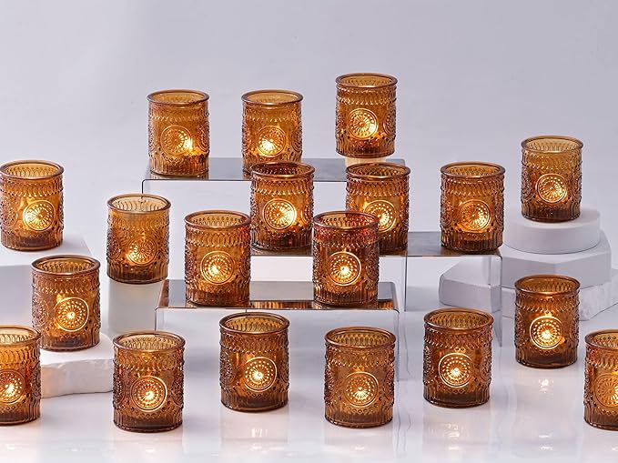 DEVI 48 Pcs Amber Votive Candle Holders Bulk, Boho Fall Wedding Party Decorations, Glass Tea Lights Candle Holder, Christmas Thanksgiving Party Home Table Decor