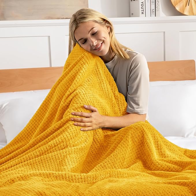 Exclusivo Mezcla Fleece Bed Blanket Queen Size, Super Soft and Warm Blankets for Couch, Sofa and Bed Waffle Textured, Cozy, Fuzzy and Lightweight (Mustard Yellow, 90x90 Inches)