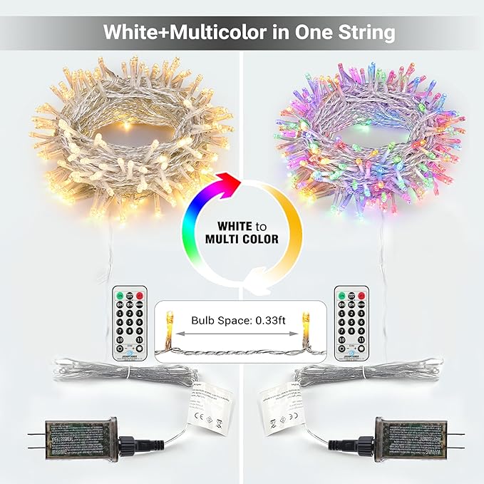 Brizled Christmas Lights, 65.67ft 200 LED Tree Lights Color Changing, 11-Function Warm White & Multicolor Christmas Light String, Connectable 29V Adapter Fairy Lighting with Remote for Xmas Tree Party