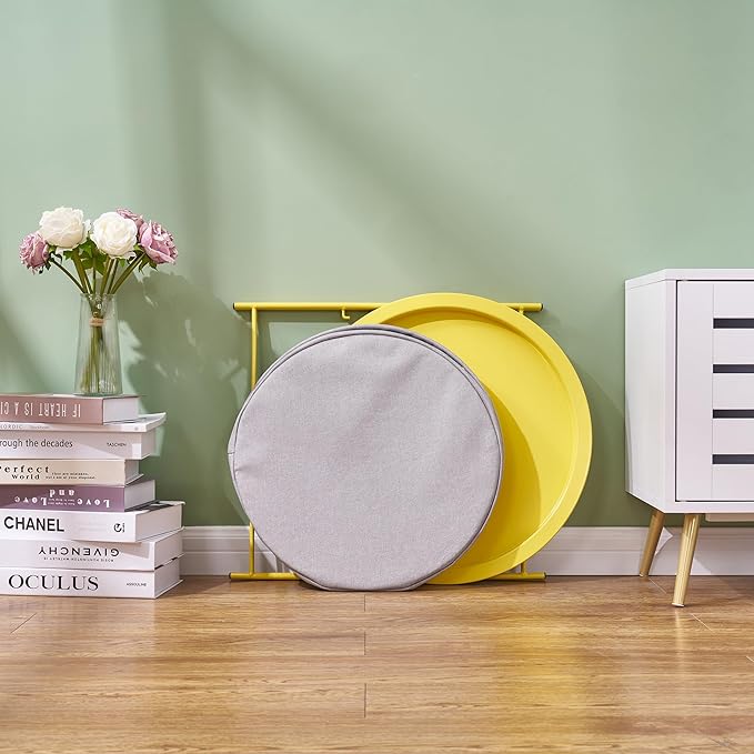 VECELO Round Side/End Table with Fabric Storage Basket，Metal Anti-Rust and Waterproof Small Bedside Nightstand with Removable Tray Top for Living Room，Balcony & Laundry，Yellow /1pcs with Basket