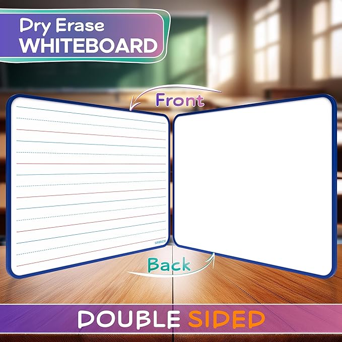 SCRIBBLEDO Magnetic Dry Erase Board, Double Sided 9" x 12" Small White Board, Ruled - Blank Blue Framed Mini Dry Erase Board, Portable Whiteboard for Kids, Great for School, Home & Remote Learning