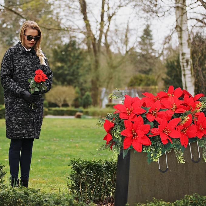 Christmas Cemetery Decorations for Grave Headstone Flower Saddle Artificial Flower Saddles Red Poinsettia Outdoor Memorial Headstone Realistic Bouquet(Red,Classic Style)