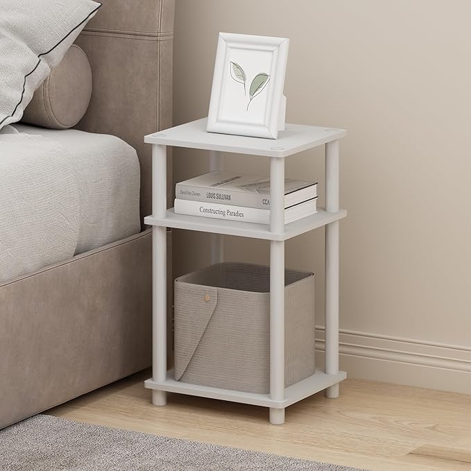 Furinno JUST Night Stand Set of 2, 3-Tier Turn-N-Tube Nightstand, Toolless Bedside Tables, End Table, Side Table with Open Storage for Bedroom, Living Room, Bathroom, White