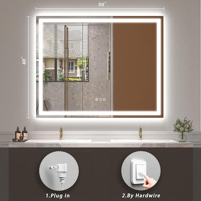 50x 40 LED Lighted Bathroom Mirror for Wall, Large Vanity Mirror with Lights, Dimmable, Anti-Fog, Shatter-Proof, ETL Listed (Front + Backlit)