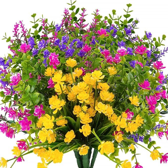 12 Bundles Outdoor Artificial Fake Flowers UV Resistant No Fade Boxwood Faux Plastic Shrubs Plants for Garden Patio Porch Window Box Home Wedding Farmhouse Hanging Décor
