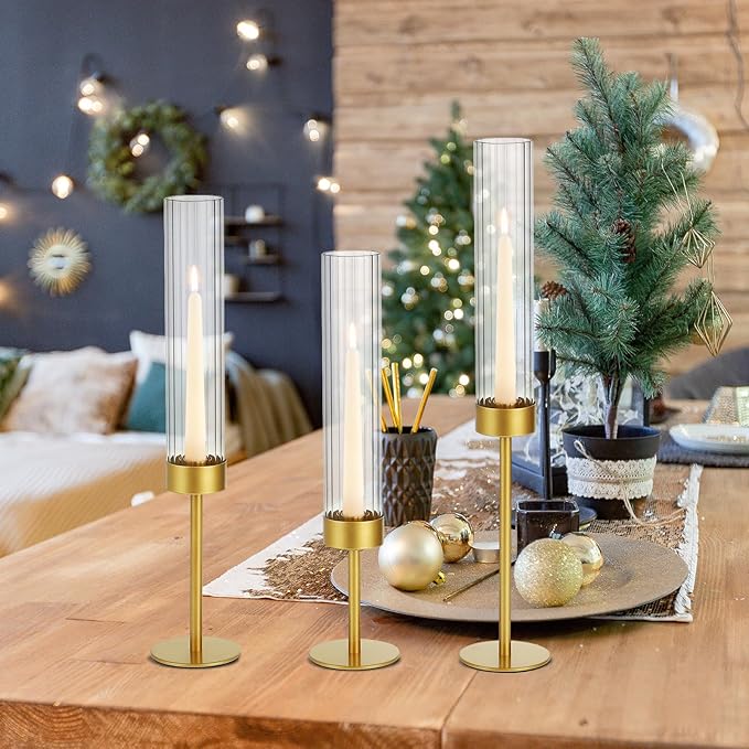 Glass Hurricane Candle Holders Set (18pcs)-Gold Metal Base Taper Candle Stick Holders for Candlesticks Holder Decor, Elegant Dining Table Centerpiece for Wedding, Christmas & Home Decor-Ribbed Glass