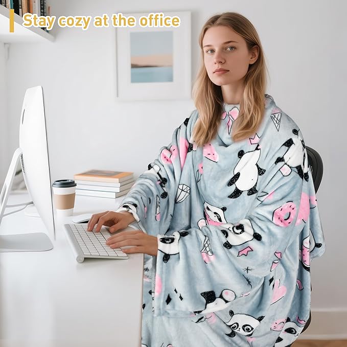 Catalonia Panda Print Wearable Blanket with Sleeves and Foot Pocket – Ultra-Soft Warm Fleece Long Throw Snuggly Blanket for Sleeping & TV Time – Cozy Christmas Gift for Women & Men