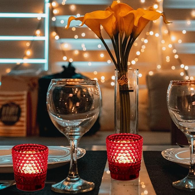 WOHO 24pc Red Votive Candle Holders for Table Centerpiece, Tealight Candle Holder Bulk with Gold Rim, Glass Tea Lights Candle Holder for Christmas, Valentine’s Day Decor