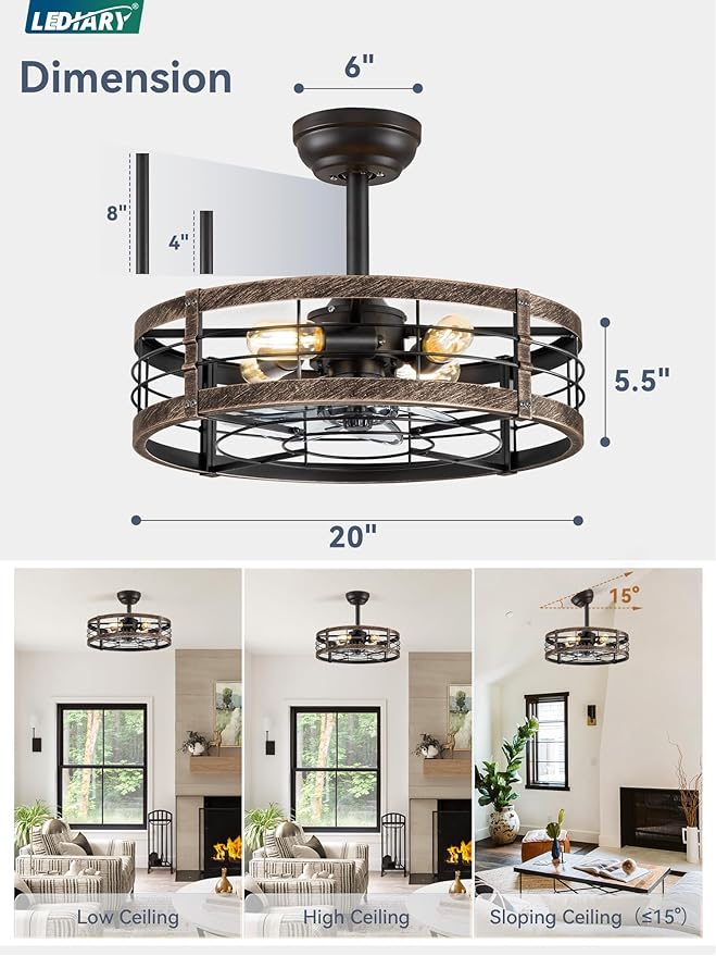 LEDIARY 20 Inch Fandelier Caged Ceiling Fan with Light, Bladeless Ceiling Fan with Remote, Small Farmhouse Fan Lights Ceiling Fixtures for Kitchen, Bedroom-Black and Gold