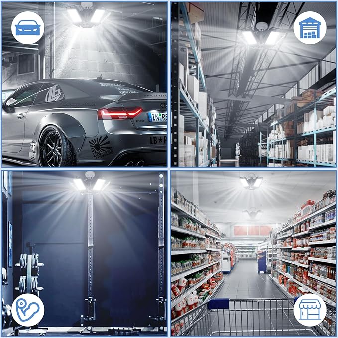 LED Garage Lights 4 Pack -180W, 18000LM 6500K Led Shop Light with 6+1 Deformable Panels, Basement Barn Light Garage Ceiling Lights, E26/E27 for Garages, Warehouse, Shop