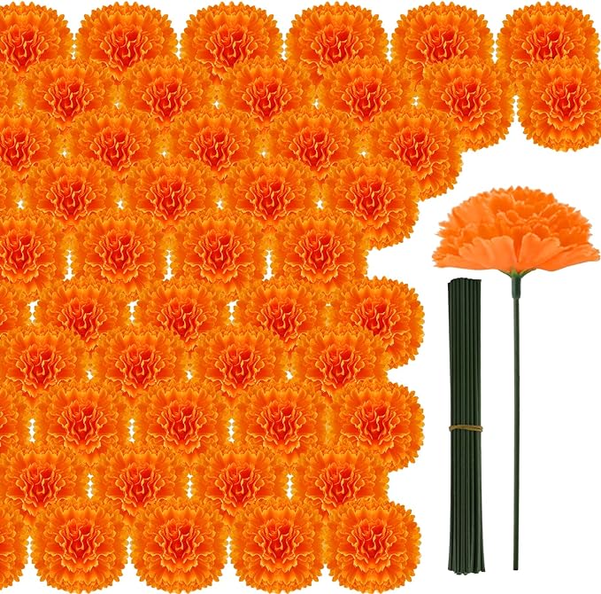 Hananona 50Pcs Artificial Marigold Flower Heads, Silk Marigold Heads Bulk Fake Flowers for Dia De Los Muertos Decor DIY Marigold Garland Day of The Dead Decorations
