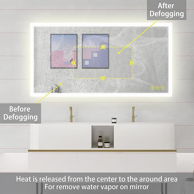 Wall-Mounted LED Square Bathroom Mirror, Makeup Mirror (40 inches x 24 inches,) 3 Color Dimming Bathroom Vanity Mirror with Lights Smart Mirror with Touch