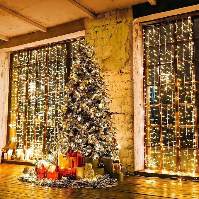 Twinkle Star 300 LED Window Curtain String Light for Christmas Wedding Party Home Garden Bedroom Outdoor Indoor Wall Decorations (Warm White), 2 Pack