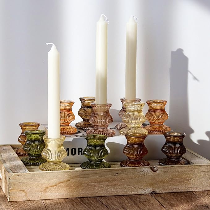 WDHODEC Glass Candlestick Holders 12PCS Taper Candle Holders for Table Centerpiece Vintage Colorful Candle Sticks for Wedding, Party and Birthday Table Decoration(Brown)