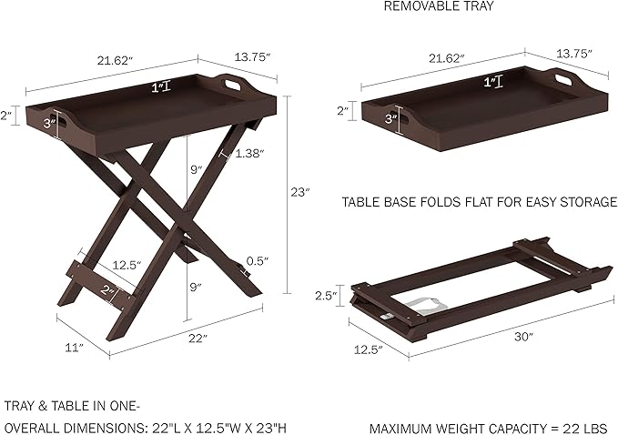 Folding TV Tray Table - Contemporary Side Table with Removable Tray Top for Food Serving, Decor, or Meals - Portable End Furniture for Living Room, Bedroom, or Home Office by Lavish Home (Brown)