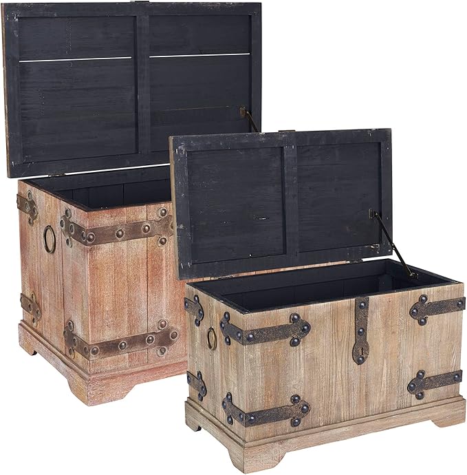 Household Essentials 2 Piece Decorative Trunks, Victorian Set, Small and Large, Chinese Fir Wood, Aged-Wood Finish with Metal Accents, Fully Opening Lid, Stout Design, Ring Handles