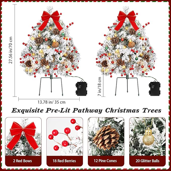 Lewondr Set of 2 Prelit Pathway Christmas Trees, 27.56" Outdoor Christmas Tree with 50 LED Lights, Pine Cones Red Berries, Battery Operated Outdoor Xmas Decor for Yard Home Porch, White Snowflake