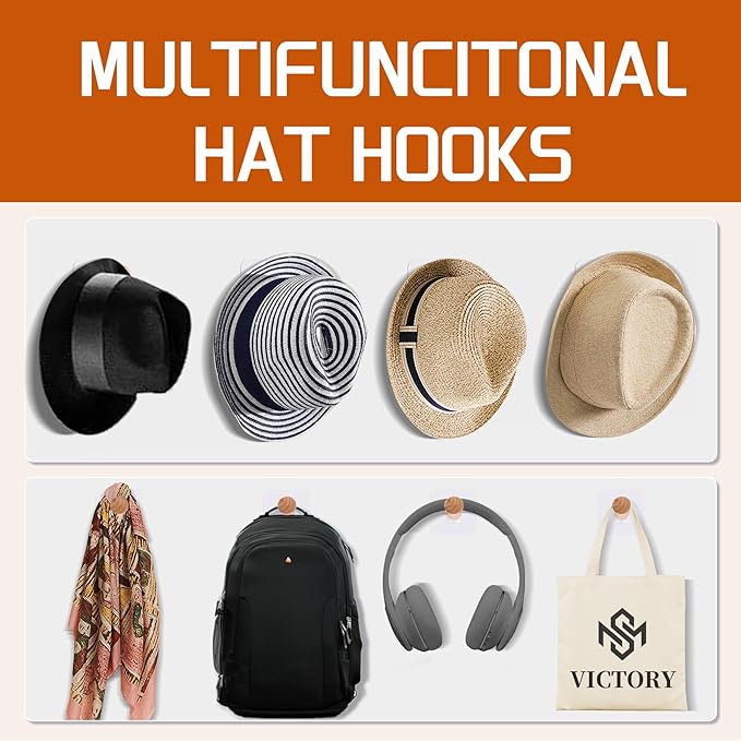 FOTYRIG Extra Long Adhesive Hat Hooks 10lb: No Drill Adhesive Hangers-Clear Wooden Mushroom Head, Holds Cowboy Fedora Baseball Caps Beret-8 Packs